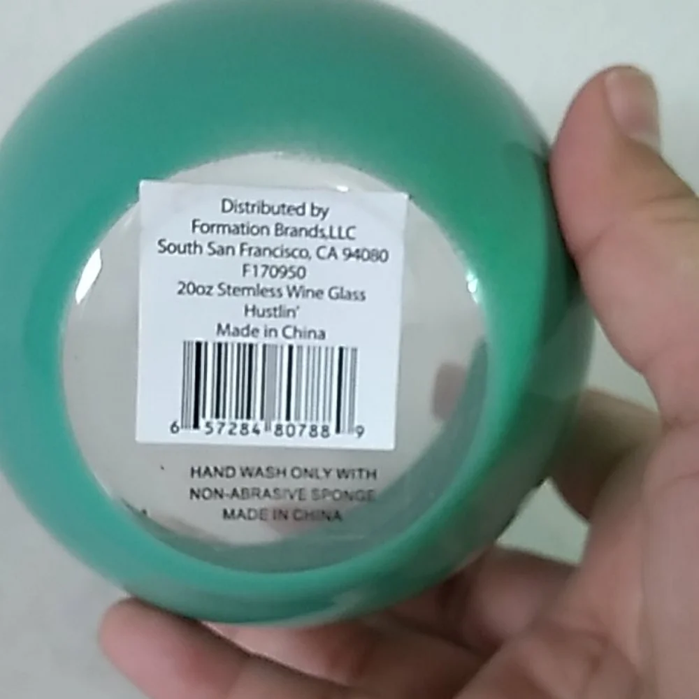 NWT stemless wine glass hustlin' gold & Teal